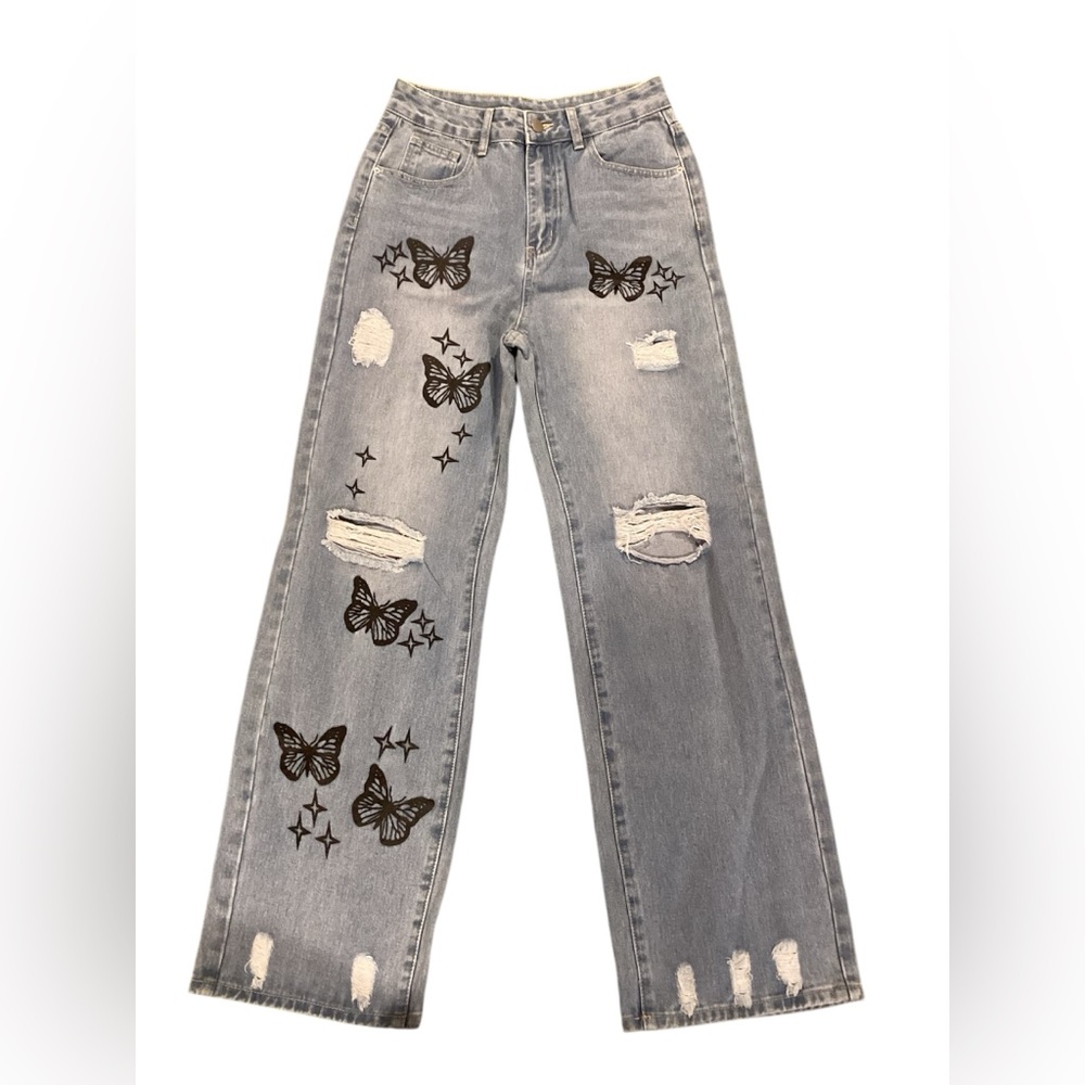 SHEIN Butterfly print light wash straight leg jeans Size S (4) NEVER WORN